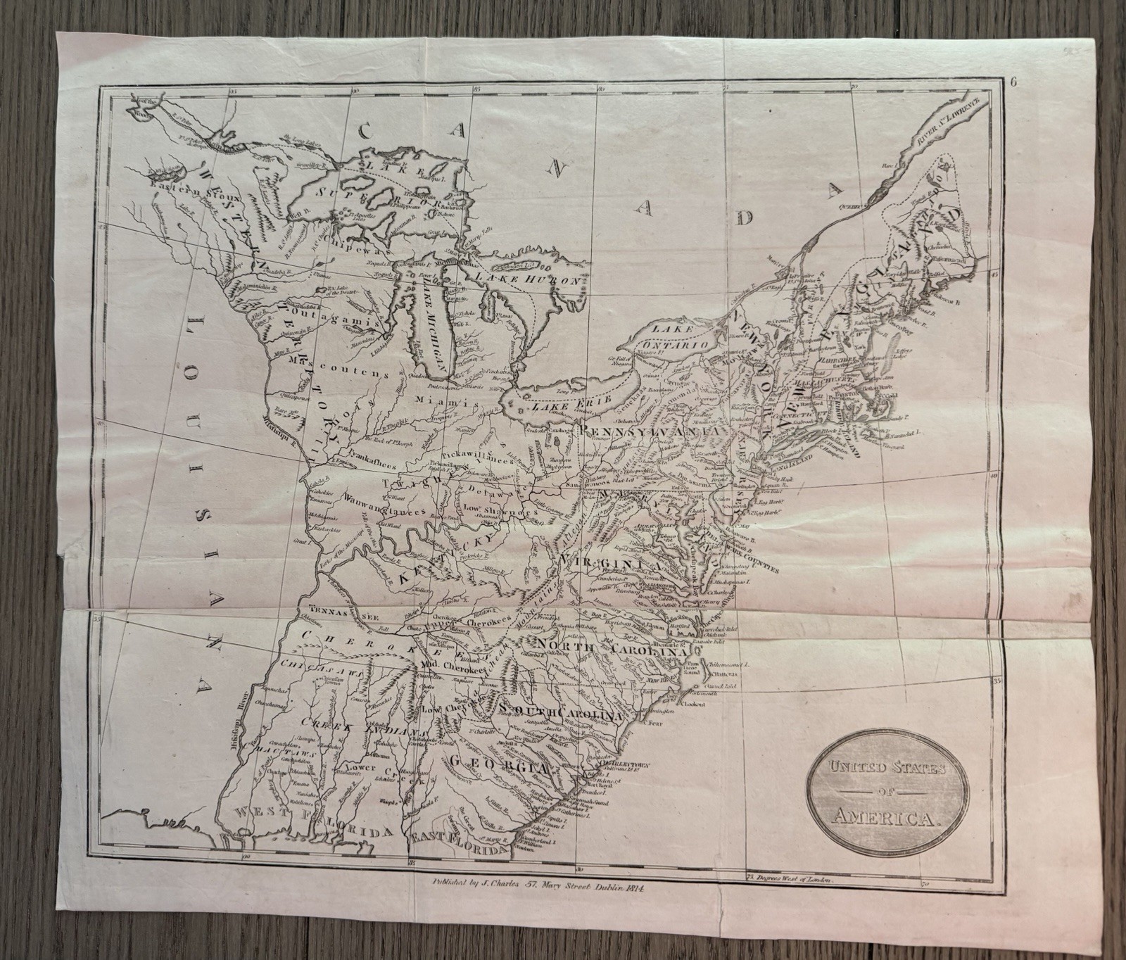 J. Charles 1814 Antique Original Map of the United States