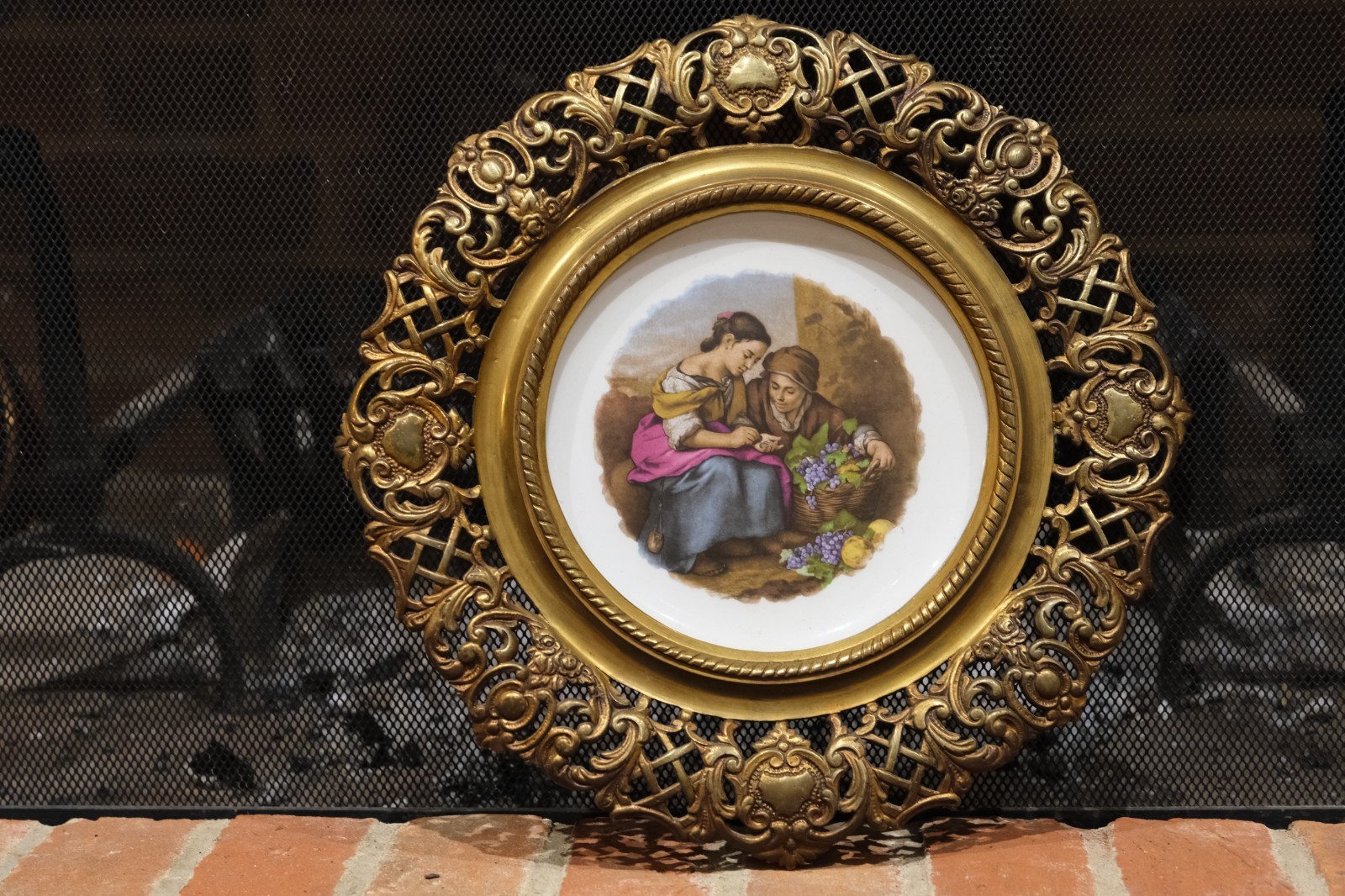 Antique French Gilt Brass Framed Bavarian Porcelain Pastoral Wall Plate c1900
