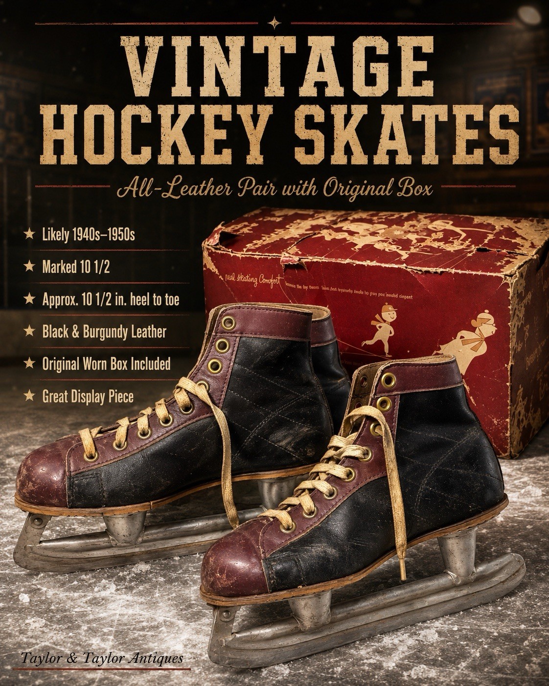 Vintage 1940s/50s Leather Hockey Ice Skates w/ Original Box Black Burgundy 10.5”