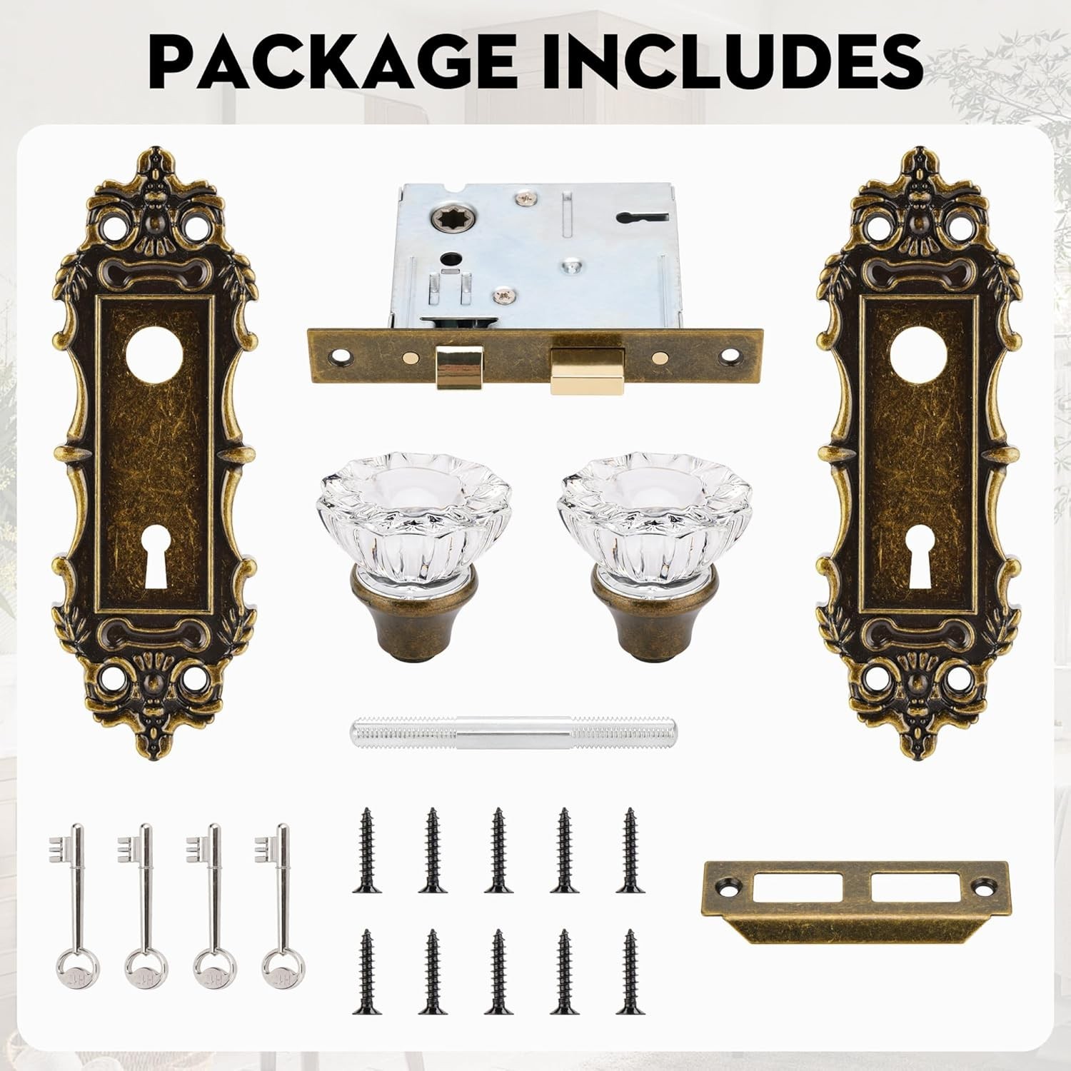 Antique Brass Glass Door Knob Set with Mortise Lock for Interior Doors, Vinta…