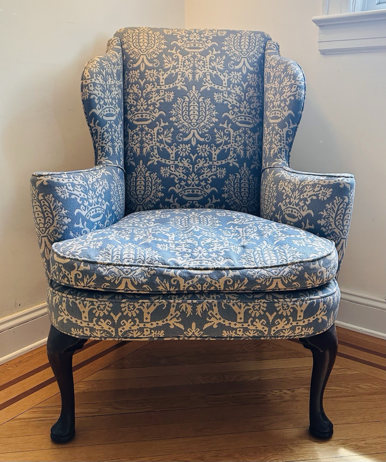 Vintage Kittinger Wingback Chair Blue Damask Queen Anne Original Down Cushion