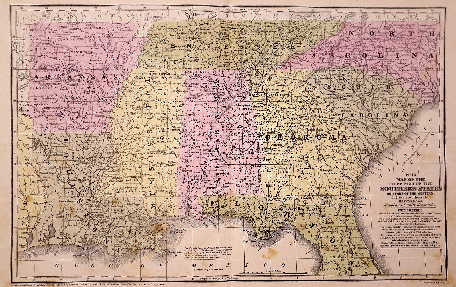 Antique 1852 Map ~ Southern Atlantic & Gulf States by S.A. Mitchell (11×18)-#09