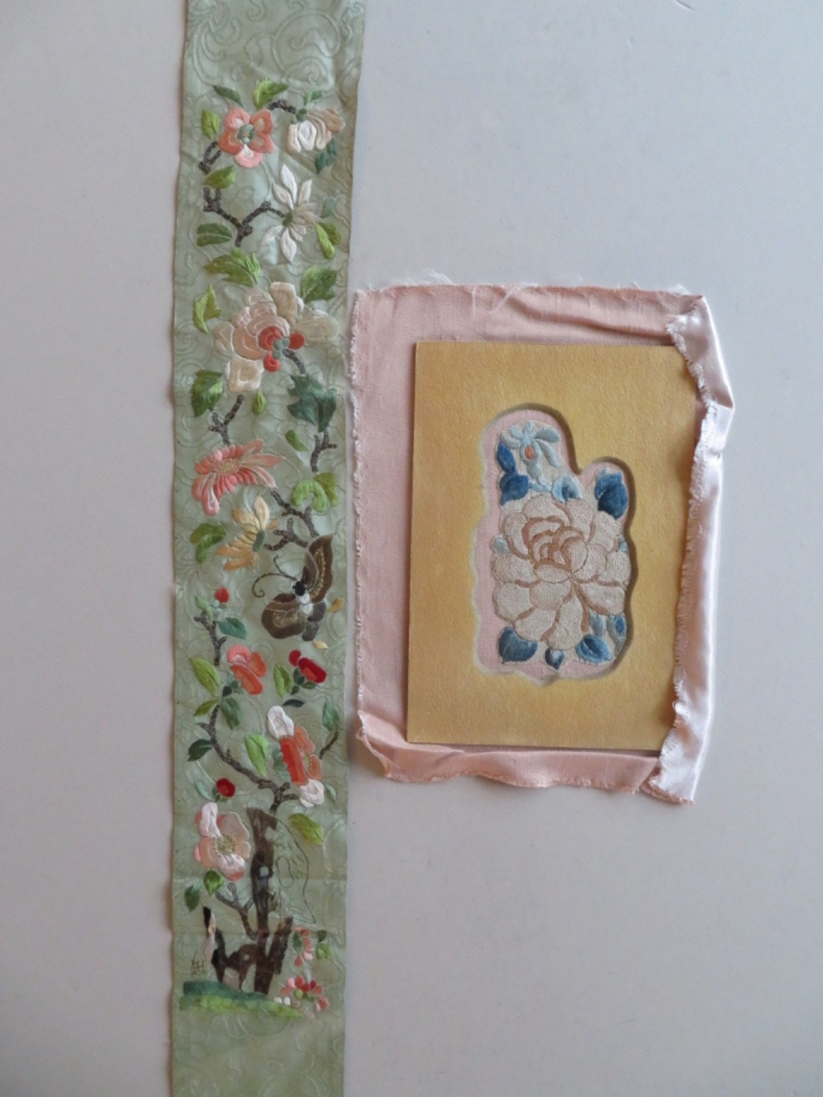 2 OLD CHINESE EMBROIDERIES — GREEN SILK SLEEVE END & FORBIDDEN STITCH FLOWER
