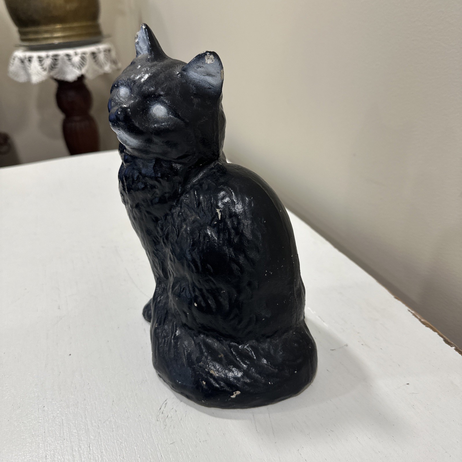 ANTIQUE Vintage BLACK Sitting CAT Doorstop Solid Concrete FIGURINE Statue