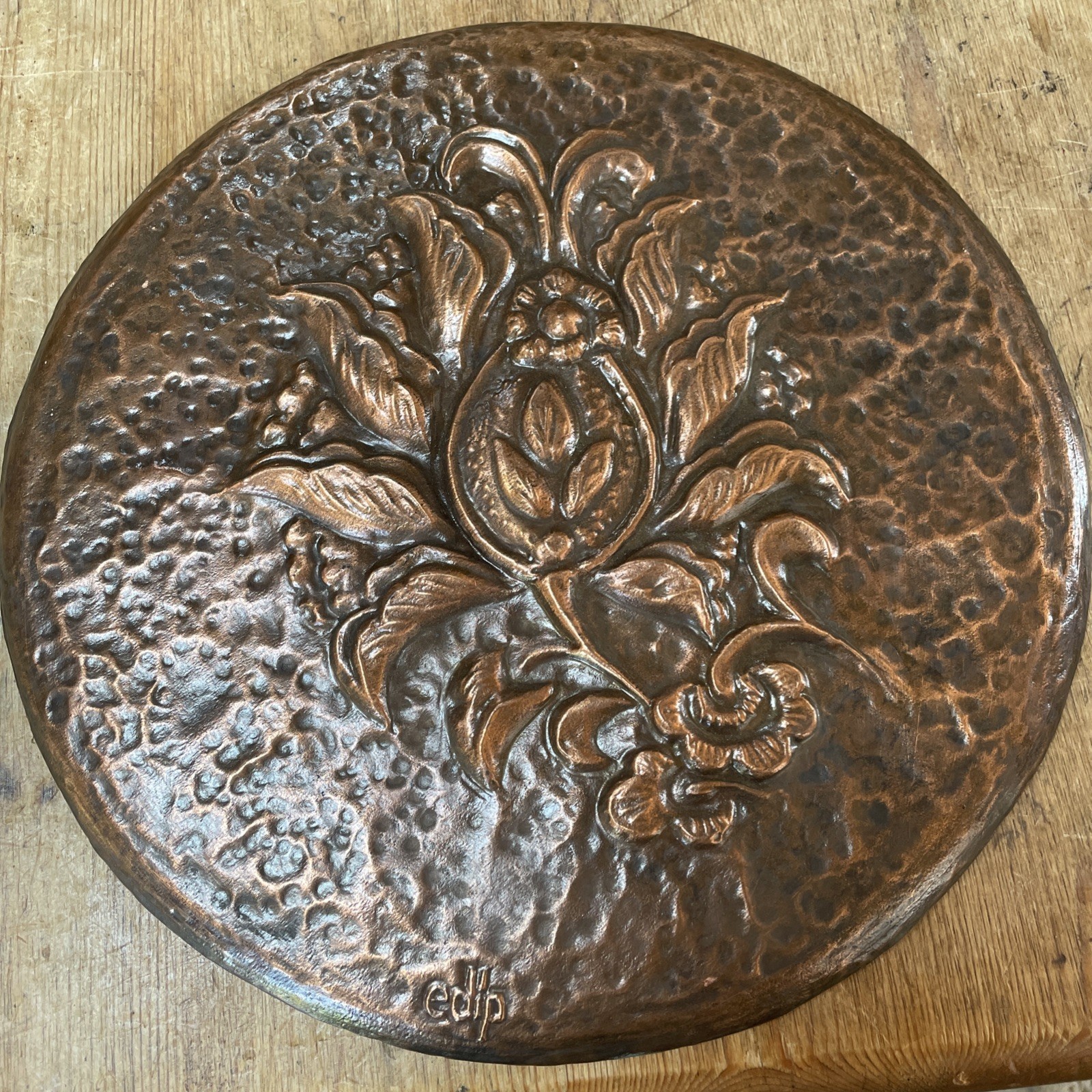 Arts & Crafts repousse Copper wall plaque Hand wrought repousse work