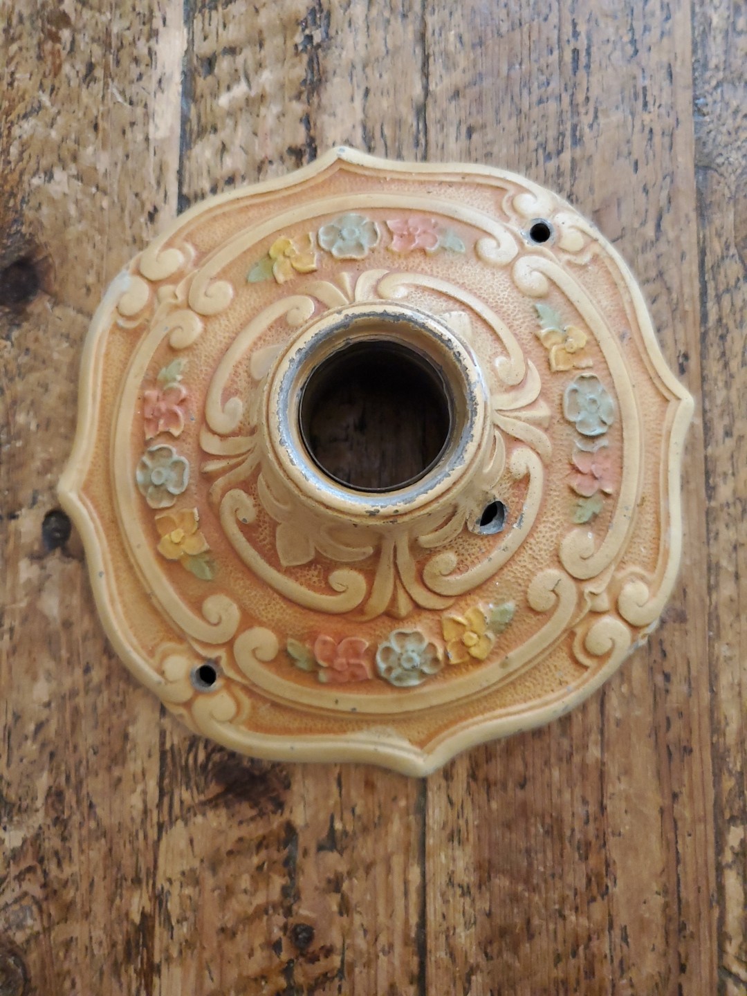 1920-30s Cast Iron Flush Mount Fixture Single bulb Antique VICTORIAN floral