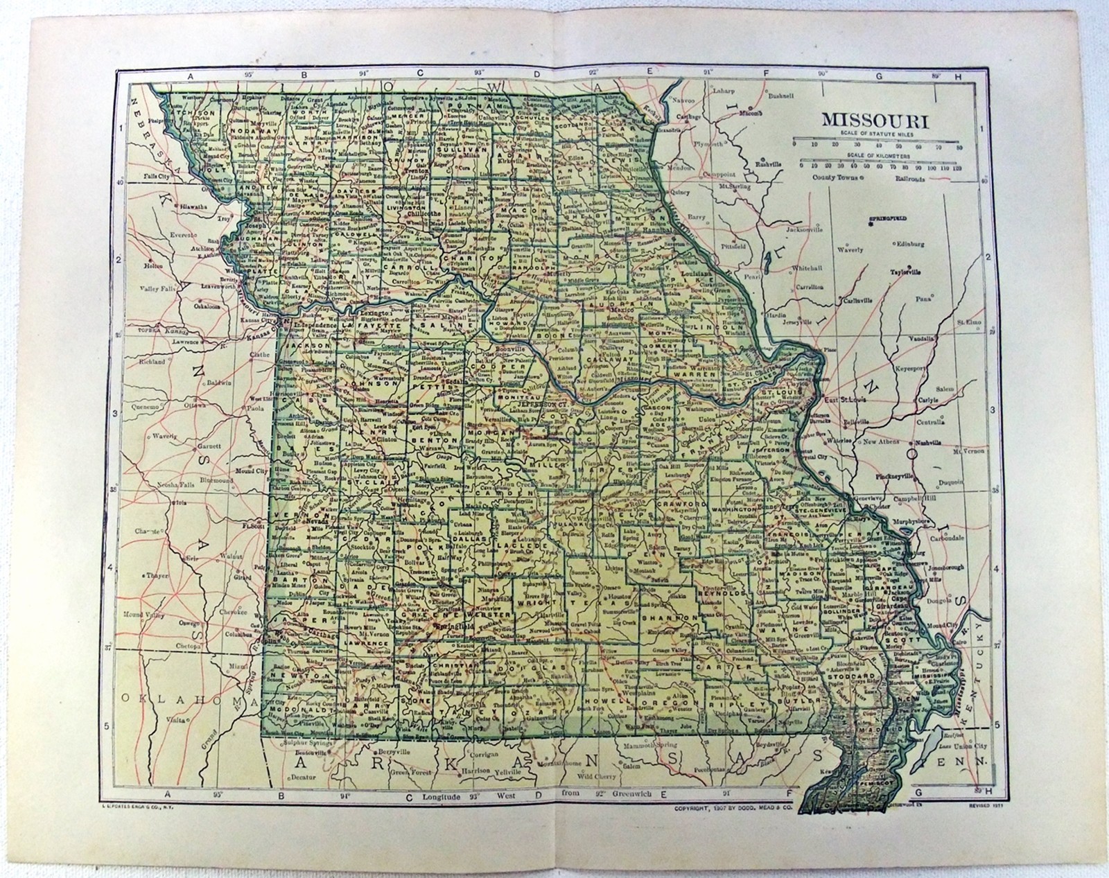 Missouri – Original 1911 Dated Map by Dodd Mead & Company. Antique