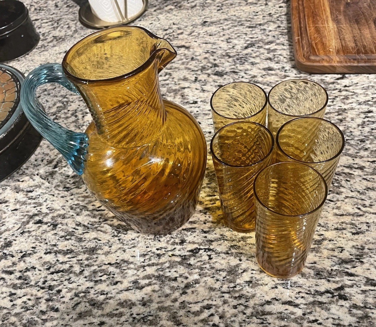19th Century “George Sand” Portieux amber and turquoise glassware set.
