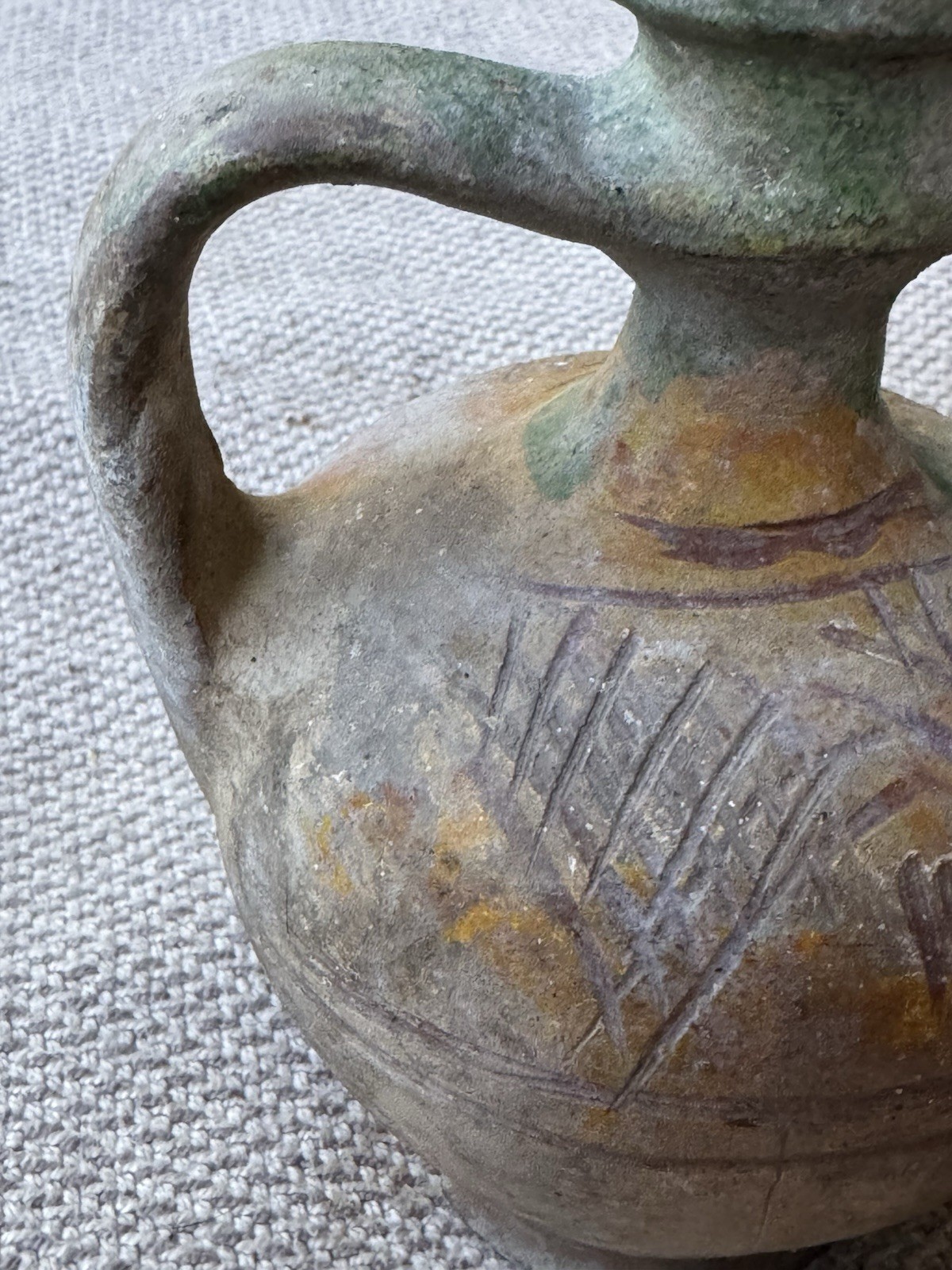 Antique Primitive Glazed Hungarian Terracotta Pottery Wine Olive Two Spout Jug