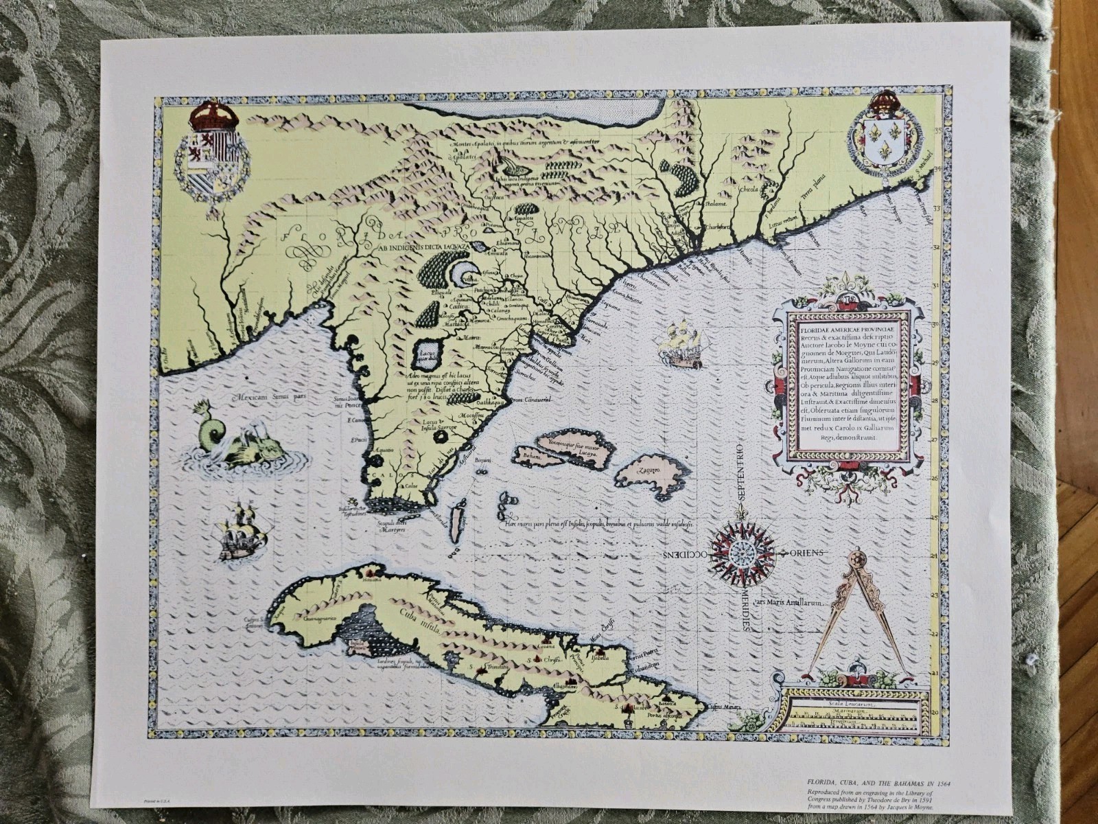 1564 Map Florida, Cuba Bahamas 23 X 26 Watermarked Paper 1974