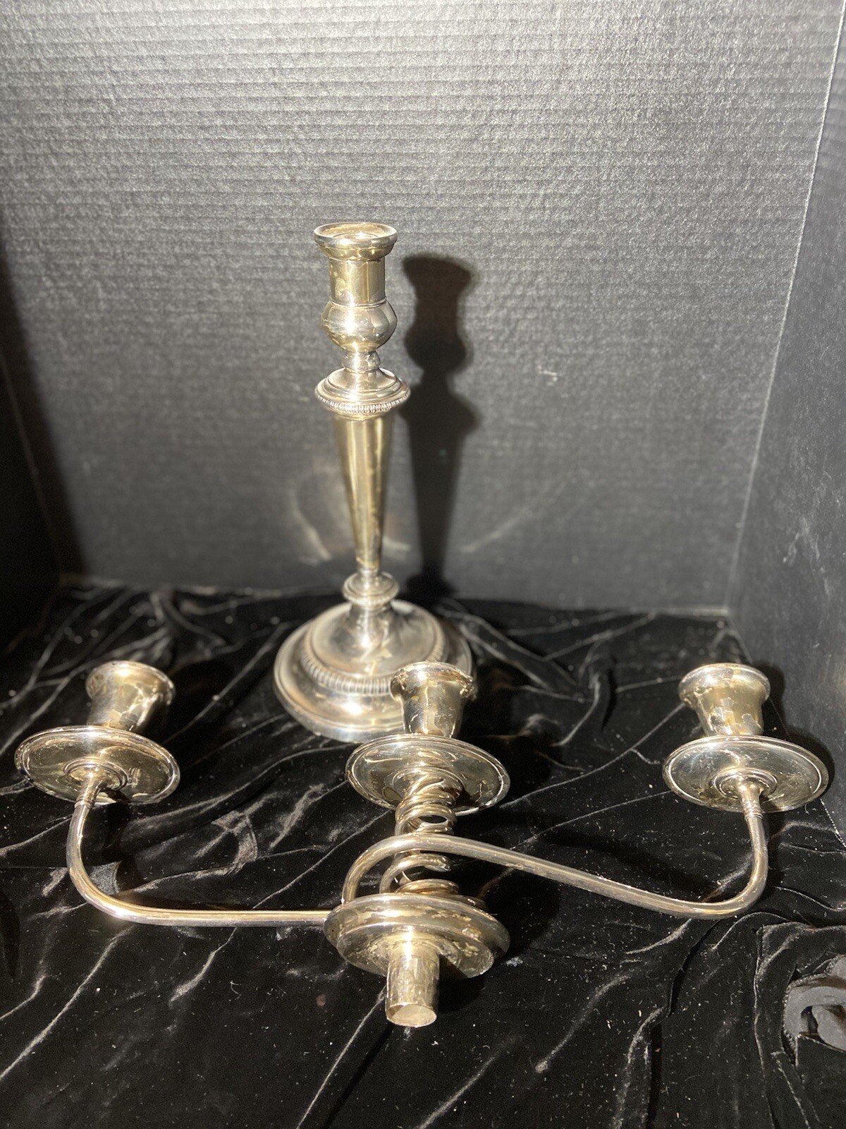 ANTIQUE CANDELABRA HIGH-QUALITY TWISTED ARM, THREE CANDLE SILVER PLATED TWO PART