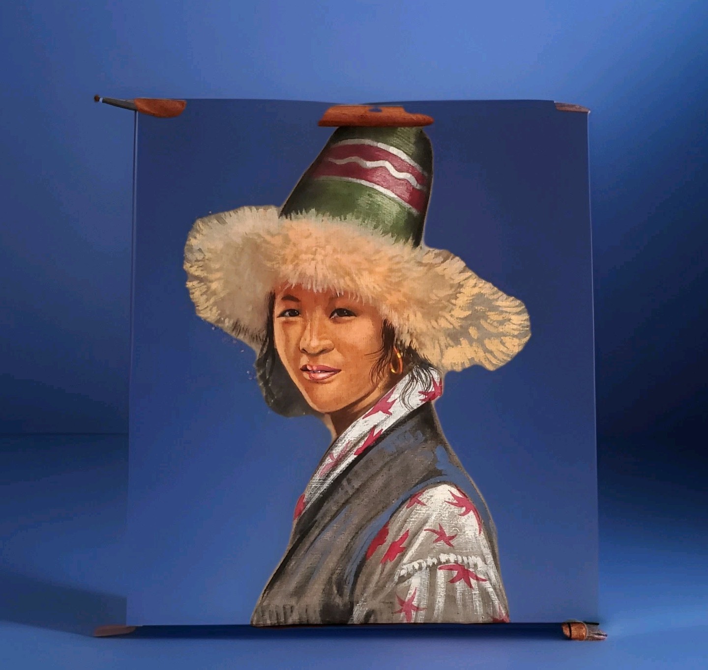 1920-1940s Tibetan Woman Portrait Scrolled Oil Painting from Ladakh, India