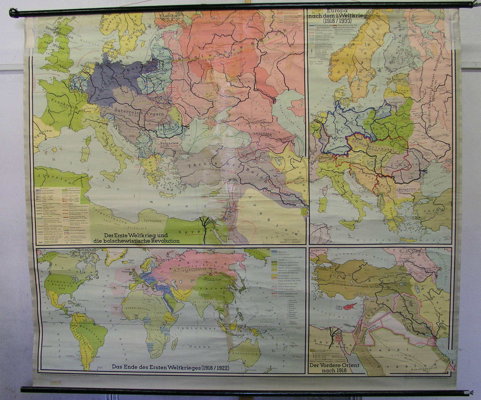 School Wall Map 1955 First World War 1914-18 WWI 204x178c Wilhelm II Hindenburg