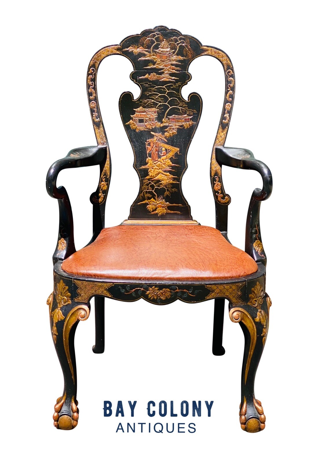 20TH C CHINESE CHIPPENDALE ANTIQUE STYLE DESK CHAIR – CHINOISERIE PAINT