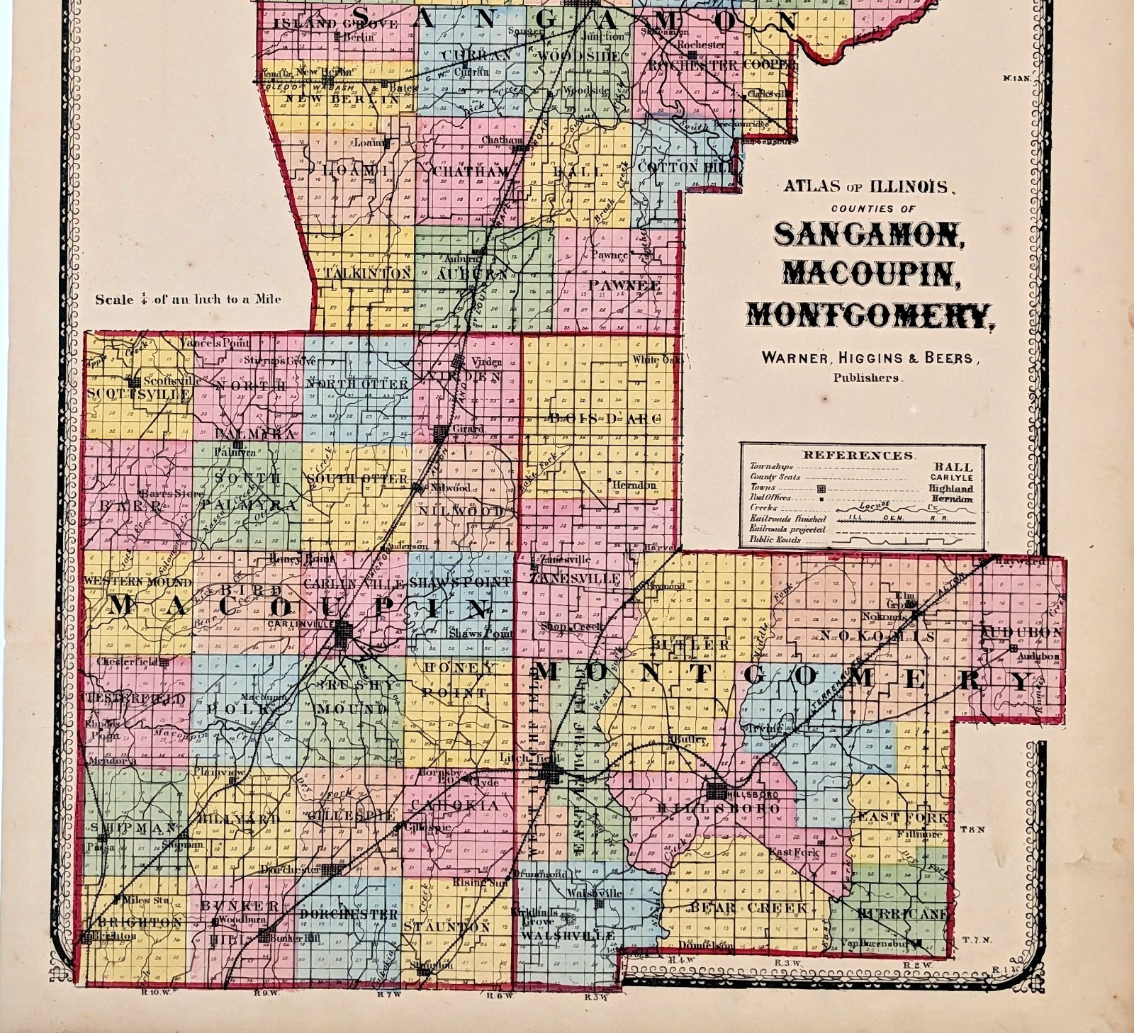 1871 ILLINOIS County Map SANGAMON – MACOUPIN – MONTGOMERY – Original