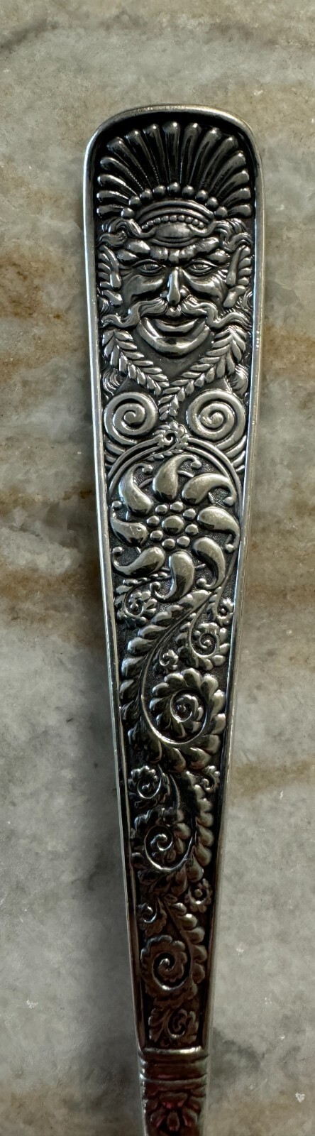 Solid Soup Ladle Assyrian Head Silverplate, 1886 by International Silver 11 1/8″