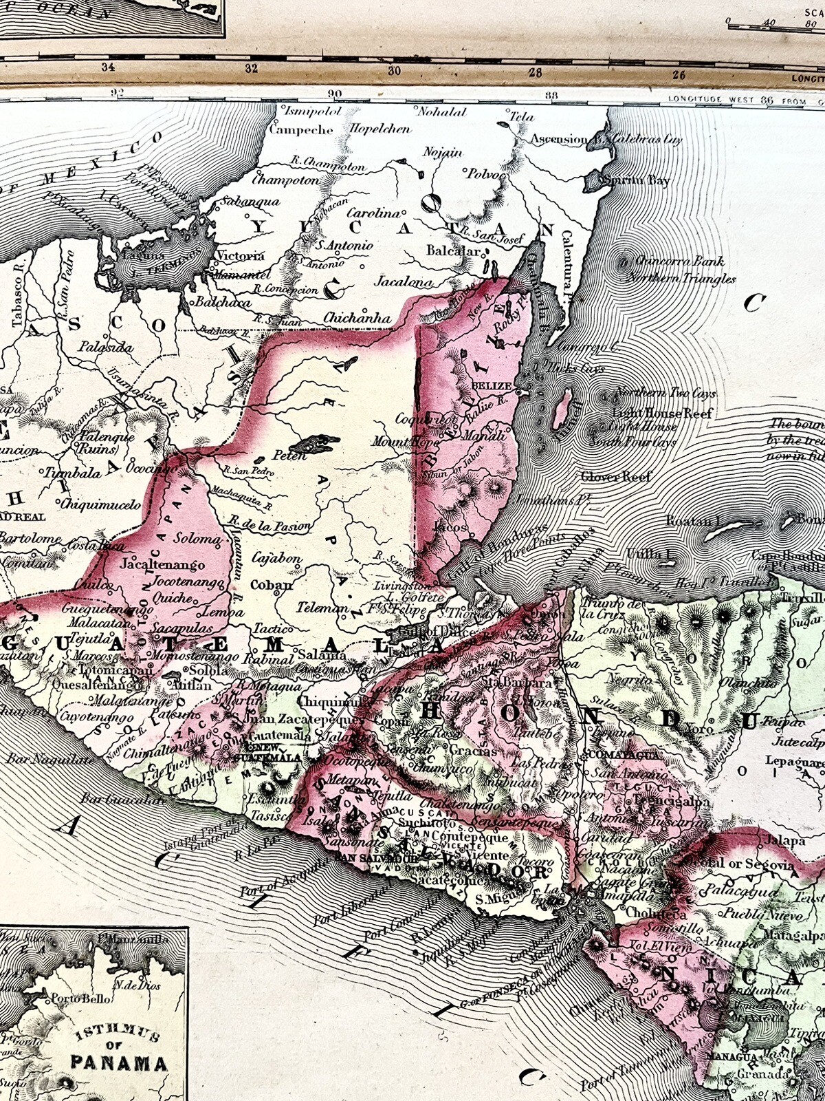 Large 1863 AJ JOHNSON Hand-Colored map of MEXICO Central America COSTA RICA