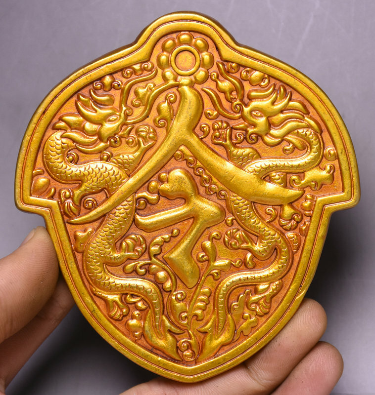 10CM Old China Copper 24k Gold Gilt Dynasty Palace 2 Dragon tokens Pendant