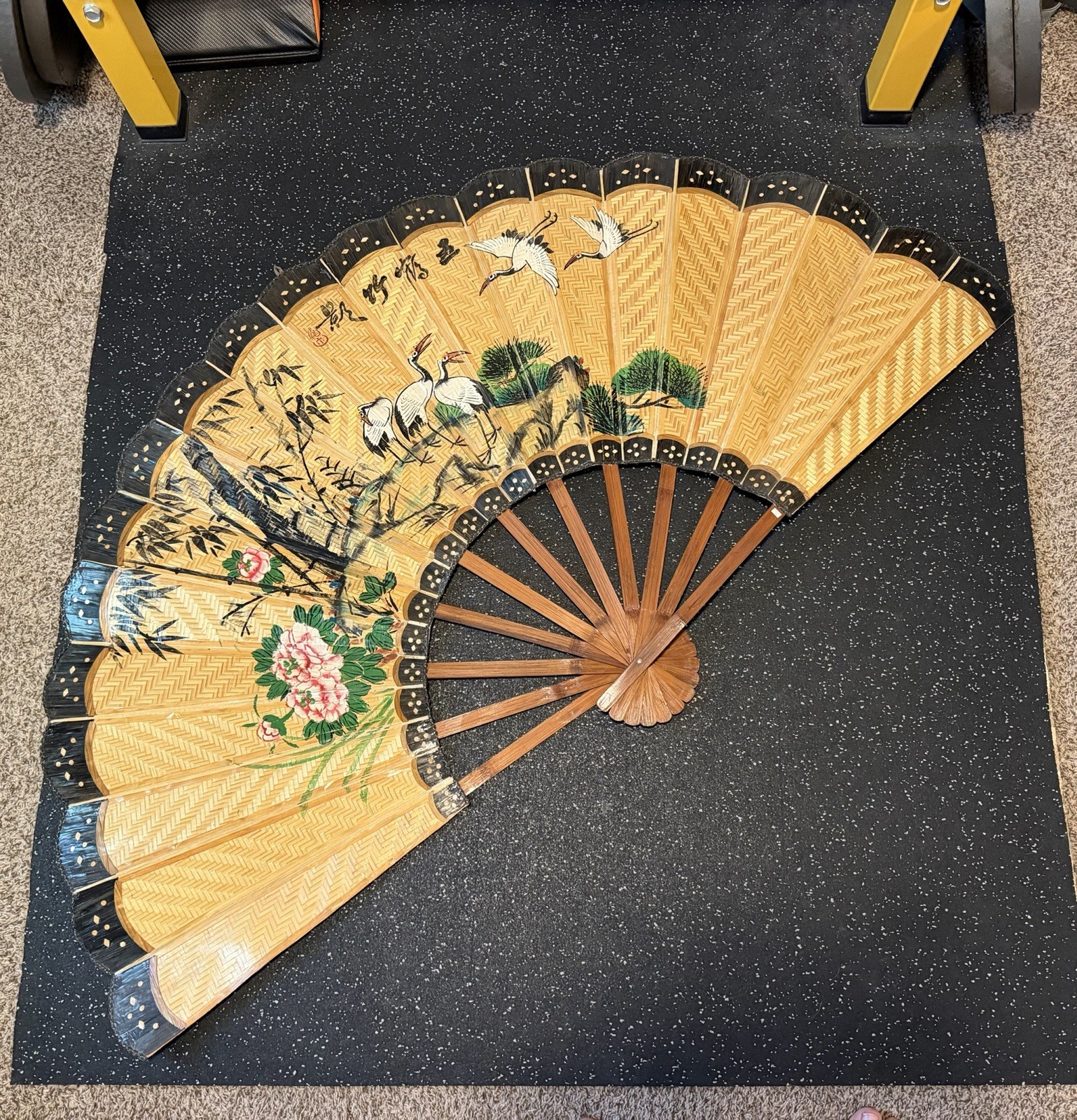 Vintage Hand Painted Oriental Folding Fan – Large Wall Hanging Art Decor 56×32