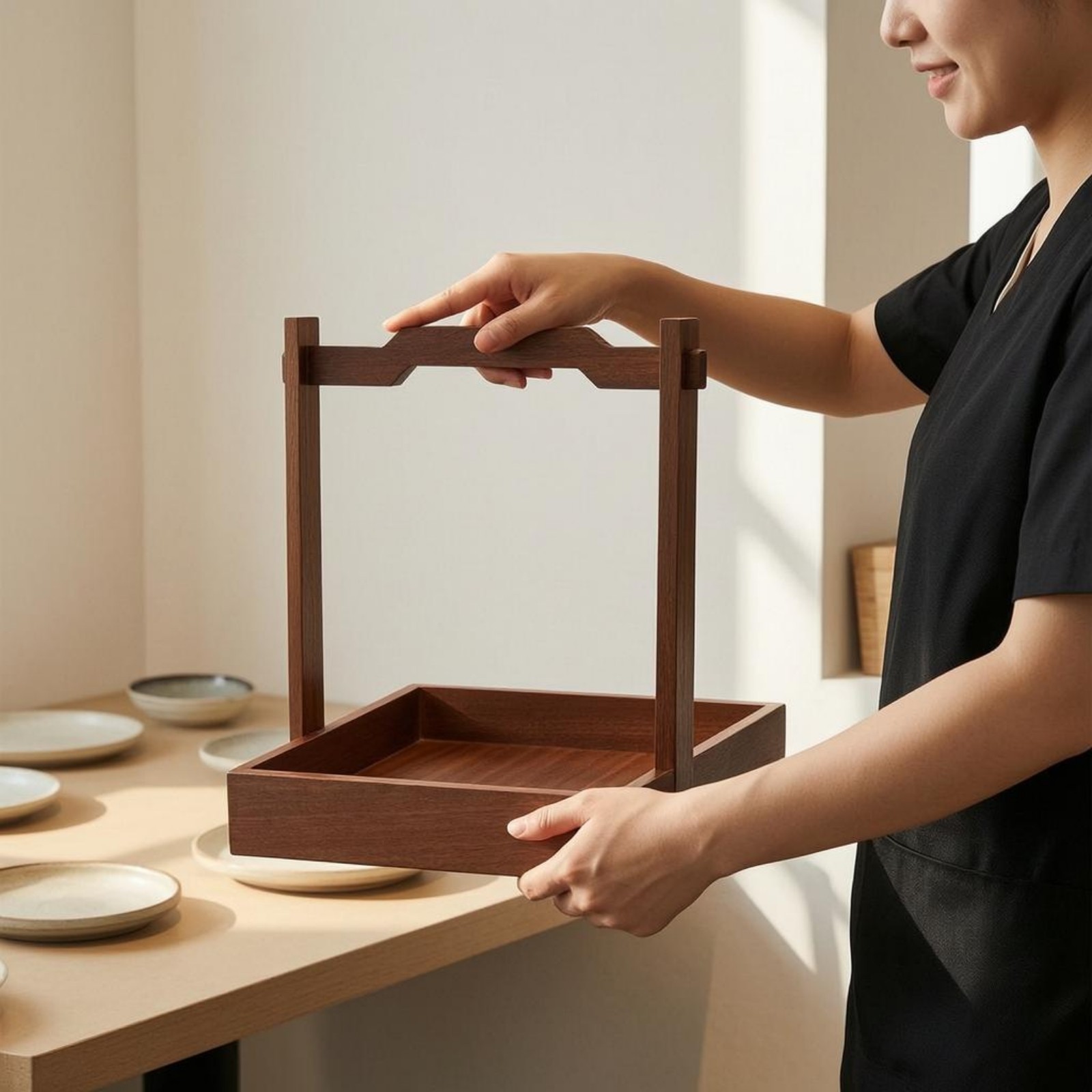 Wooden Hand-Carry Tray Single-Tier Tableware Flat Bottom