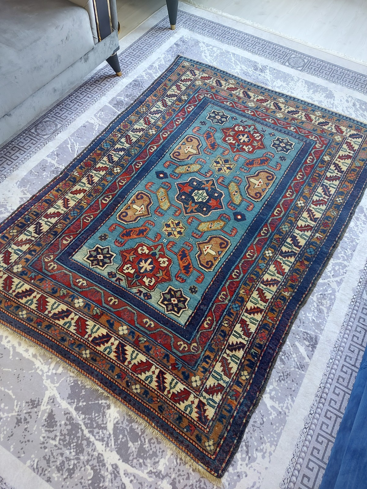 Antique Kazak Rug Kuba Shirvan Legendary Rug Antique Blue Rug 160 years old rug