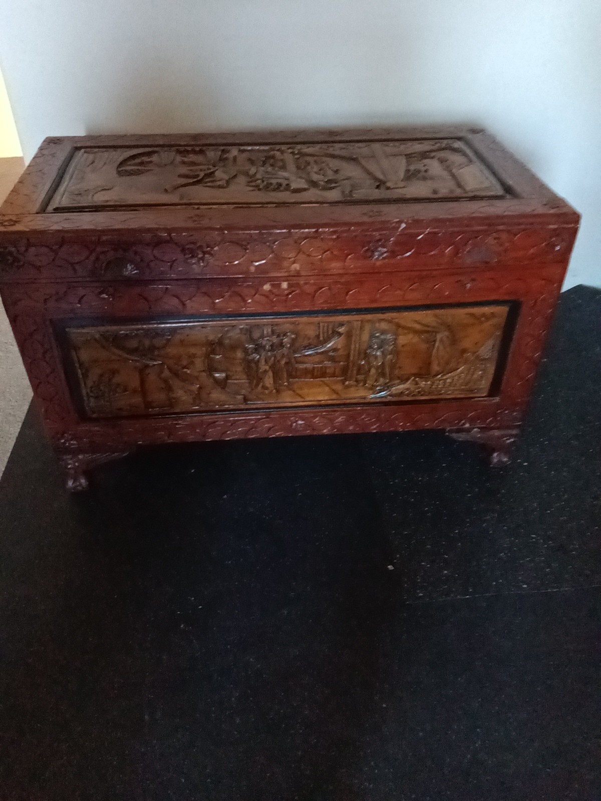 Hand Crafted Wood Asian Trunk. Hand Carved Wood Chest Box Vintage Collectible