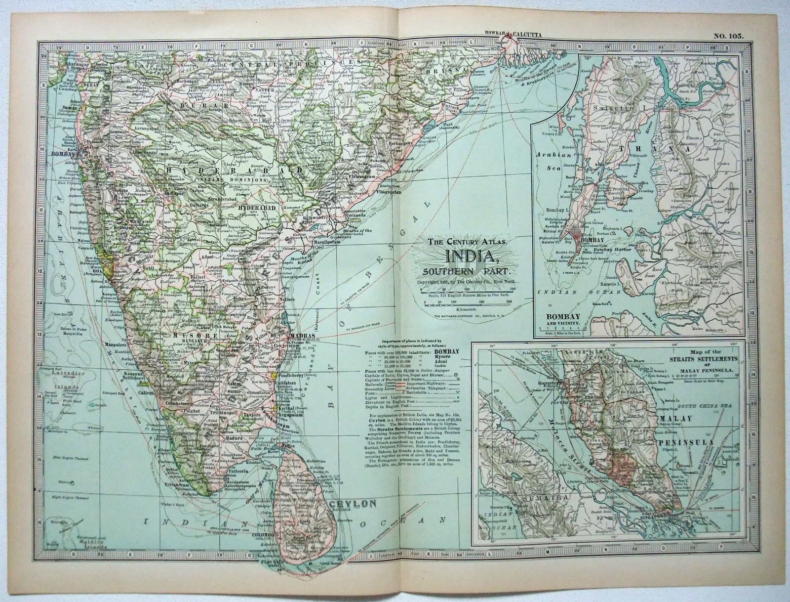 Southern India – Original 1902 Map by The Century Company. Antique