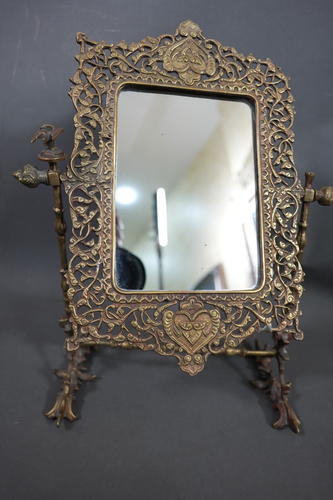 Rare Vintage Victorian Ornate Brass Filigree Tabletop Fairy Tale Vanity Mirror