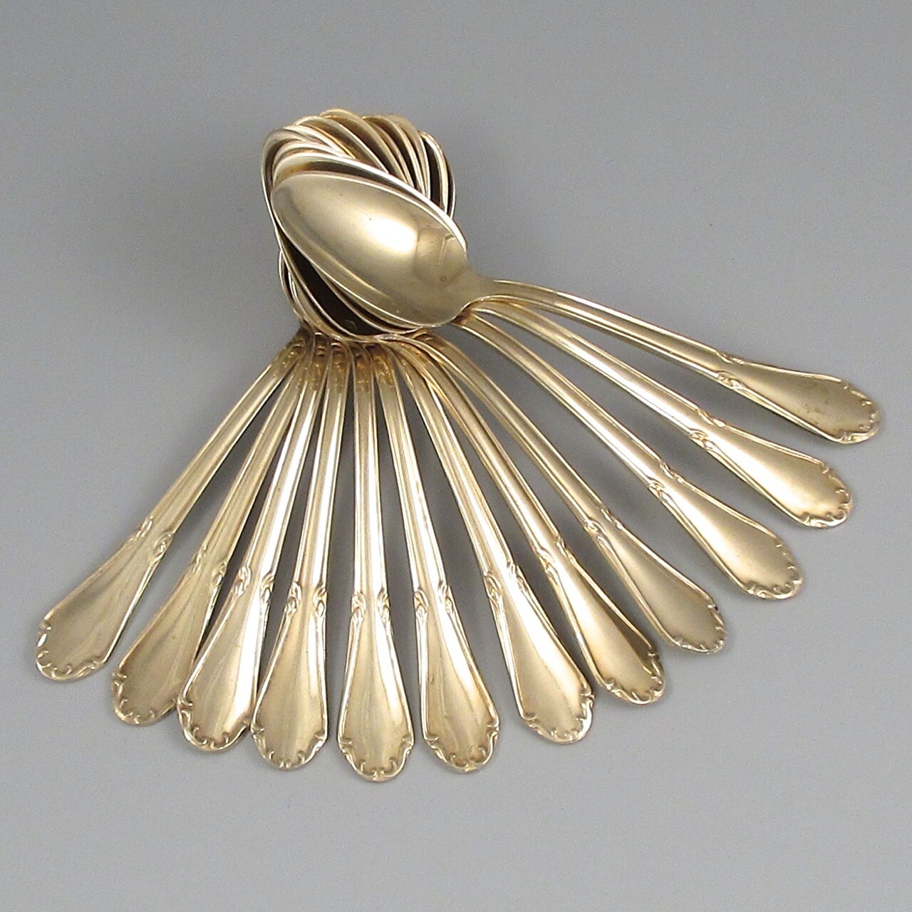 Vintage French Gilded Metal Silver Plated Moka Spoons, Filets Pattern, 12 pcs