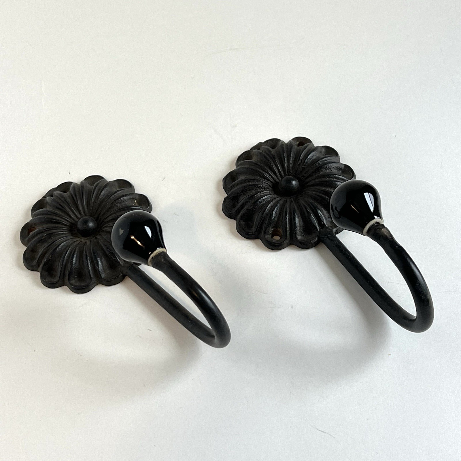 2 Vintage Black Coat Towel Hooks Flower Cast Iron Porcelain Knobs Cottagecore