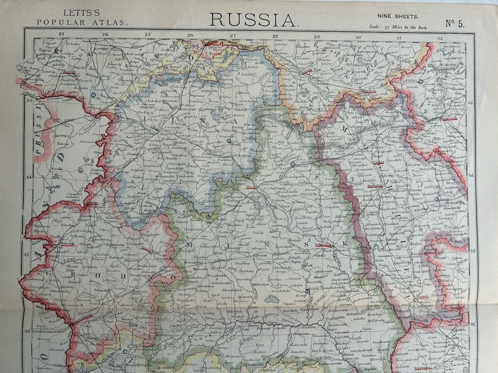 1883 Volhynia Minsk Grodno Vilna Russia Original Antique Colour Map by Letts
