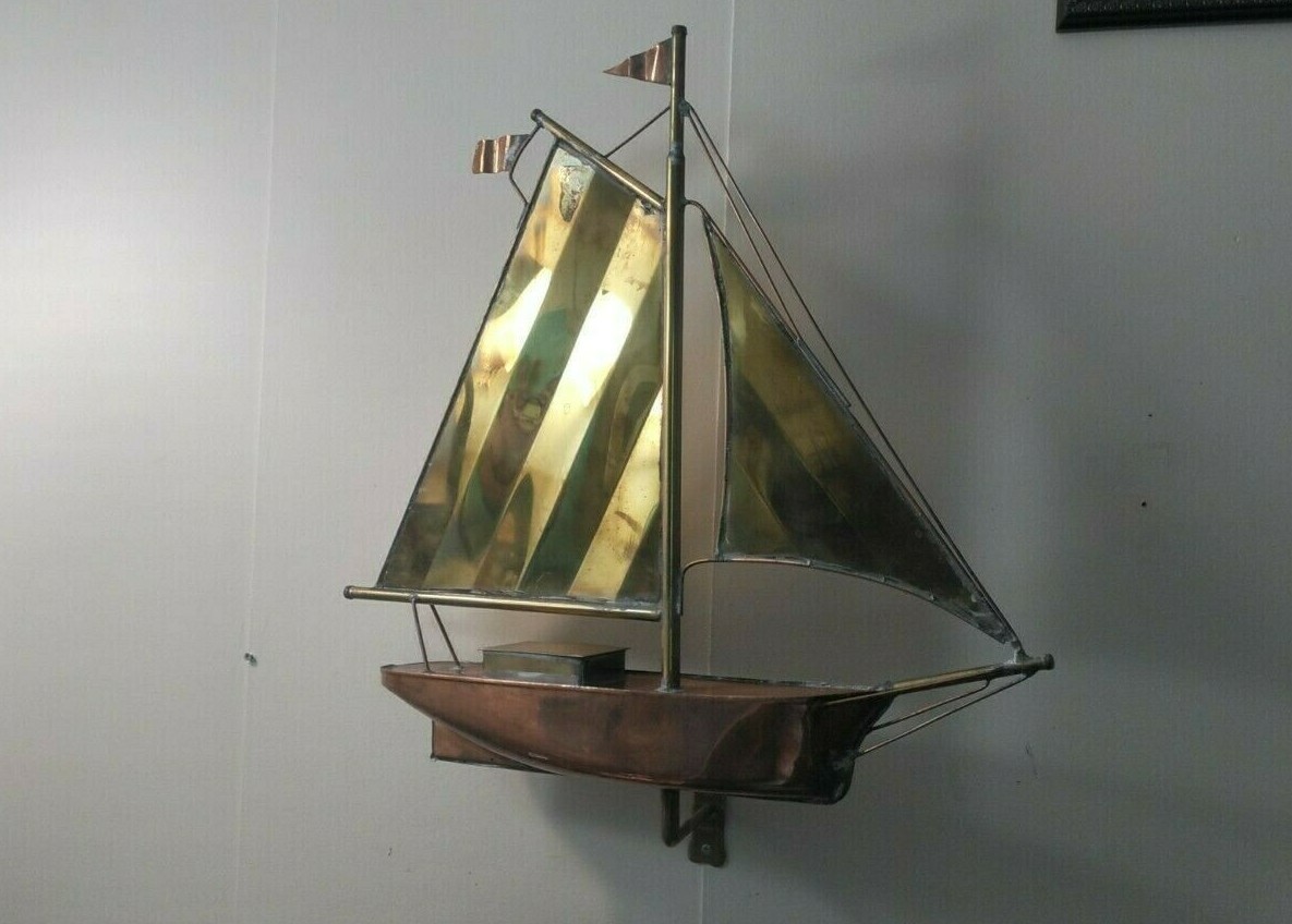 3-D SAILBOAT/SLOOP COPPER /BRASS WEATHERVANE TOP WITH BRASS DISPLAY WALL MOUNT