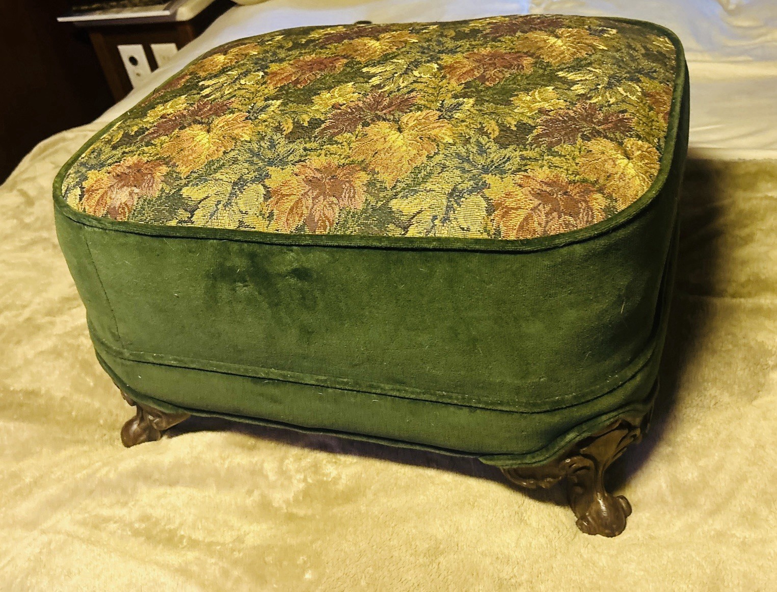 Vintage Victorian Velvet Needlepoint Ottoman W/ Mahogany Claw Feet