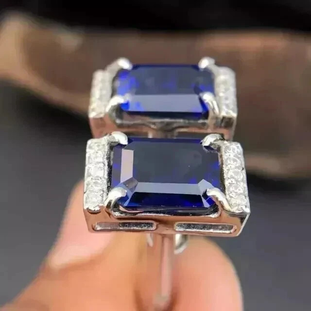 3Ct Emerald Lab Created Blue Sapphire Fancy Men’s Cufflink 14K White Gold Plated