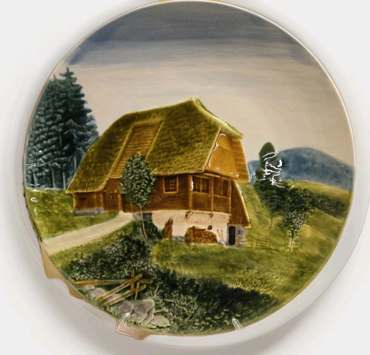 Germany 13 Inch Majolica Bas Relief Hanging Plate-Cabin in The Field