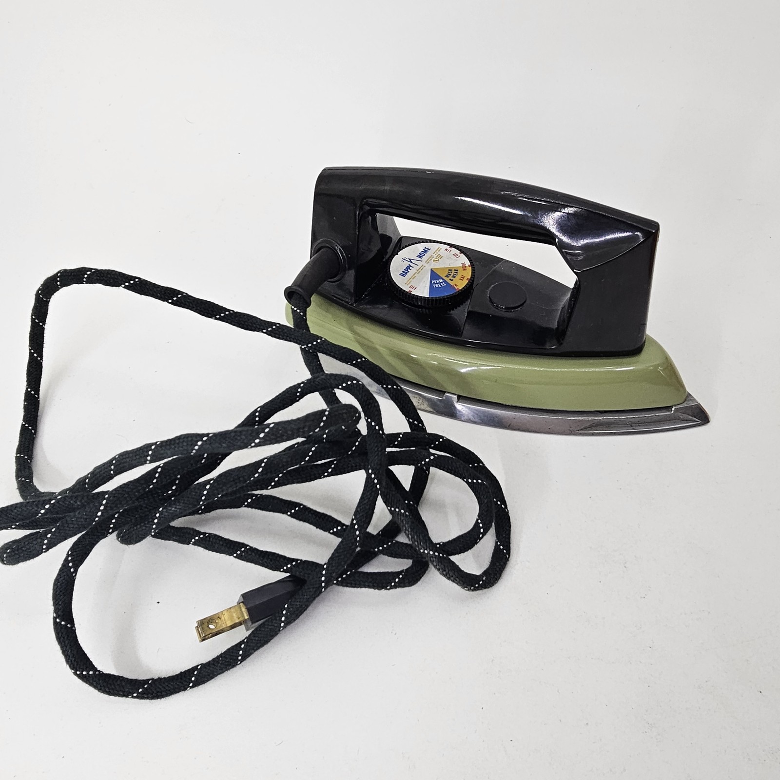 Vintage Happy Home Electric Iron Mid-Century Modern Green Black Corded Appliance