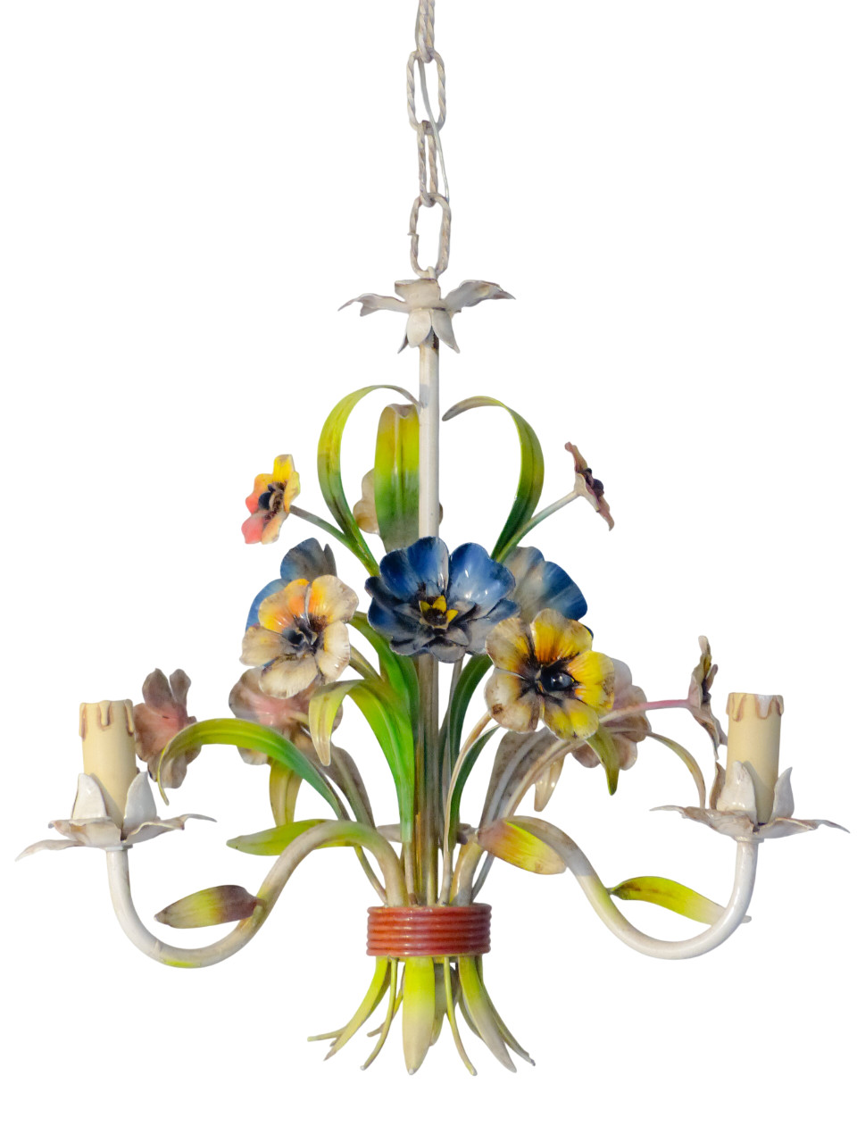 70’s Charming Florentine Chandelier Enameled Metal Tole Flower Italian Ceiling