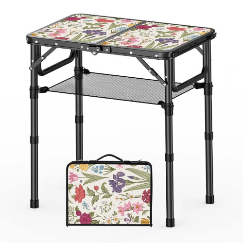 Folding Camping Table Adjustable Height Picnic Desk with Carry Handle Mesh Shelf