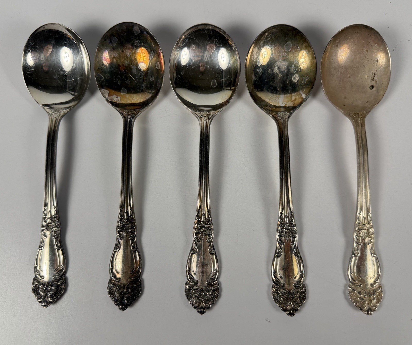 5 Pc Tiger Lily Festivity Silverplate Round Soup Gumbo Spoons Reed & Barton