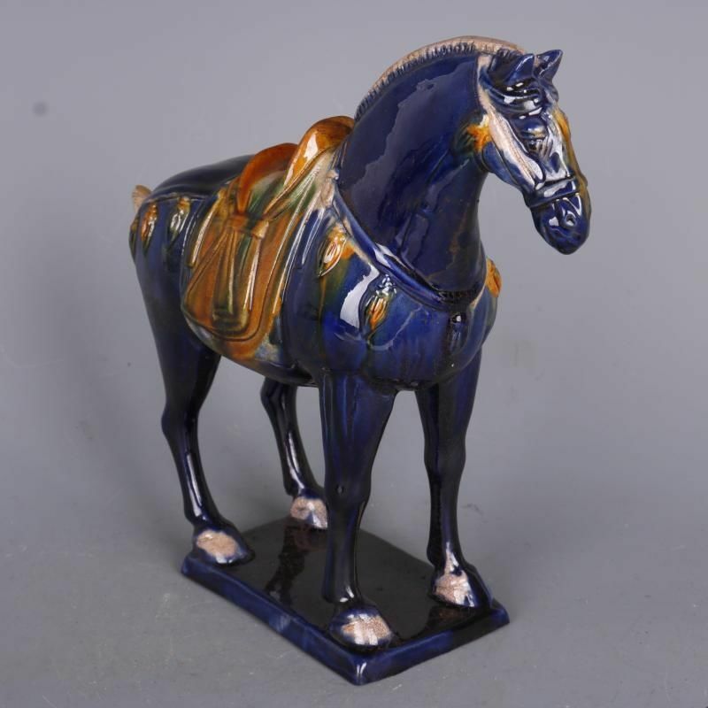 8.9Inch Chinese Porcelain Tang Tri-Color Glazed Ceramics Blue Horse Statue