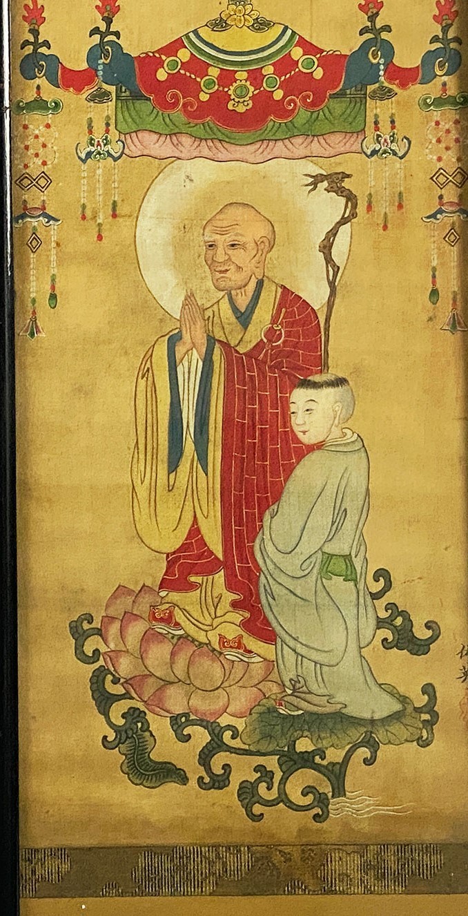 Antique Chinese Standing Luohan Watercolor Painting, Qing Dynasty