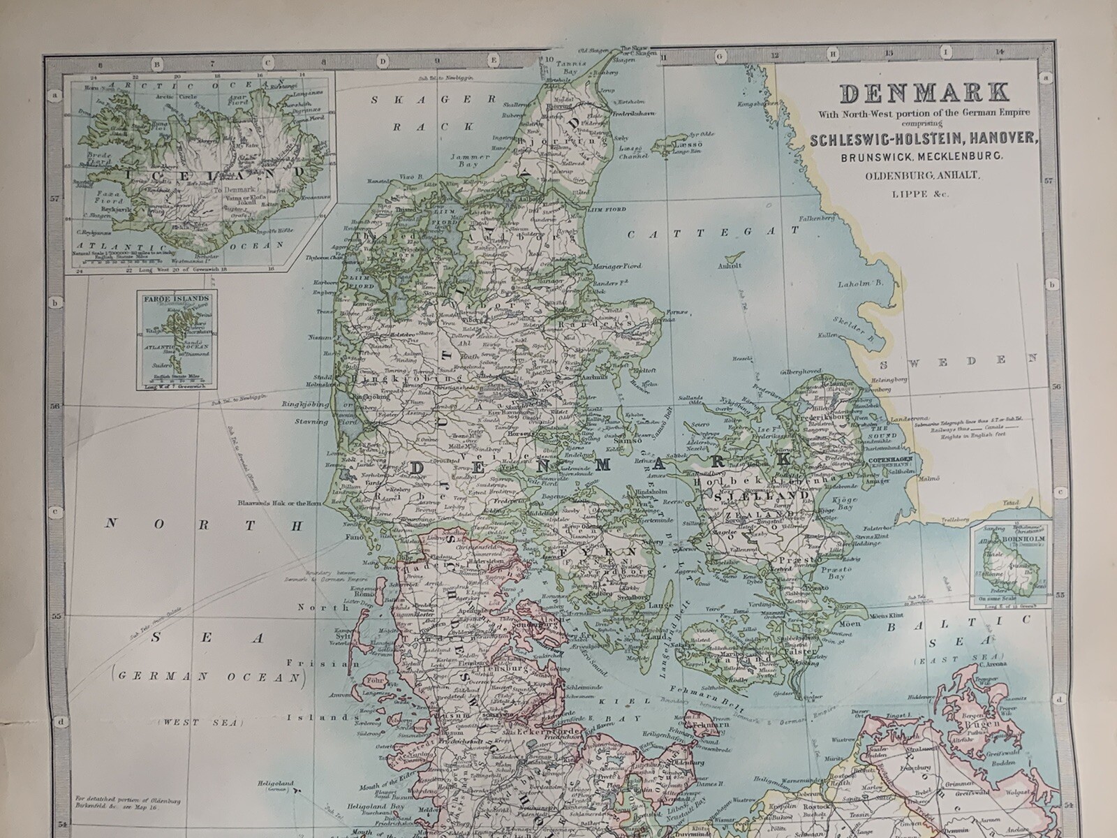 1908 Denmark Original Antique Map by Johnston 112 Years Old