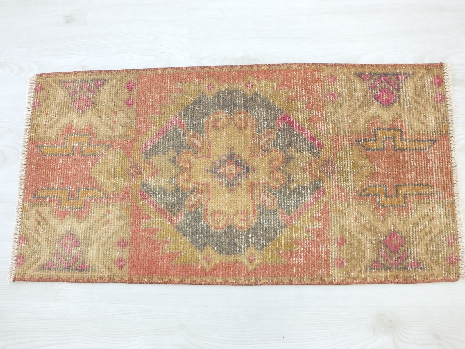 Faded Red Handmade Door Mat, 1.4×2.7ft, Turkish Small Oriental Vintage Door Mat,