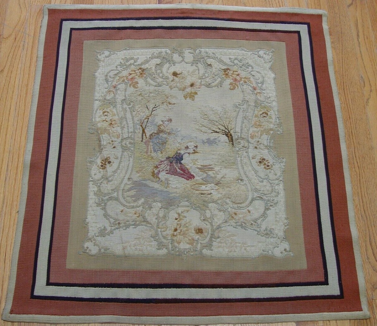 2’6″x2’8″ ANTIQUE 1850s FRENCH AUBUSSON PICTORIAL HAND WOVEN FRAMED RUG CLEANED