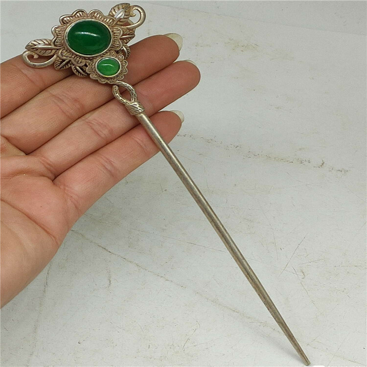 Distressed Antique Miscellaneous Copper-Nickel Silver Hairpin with Gems