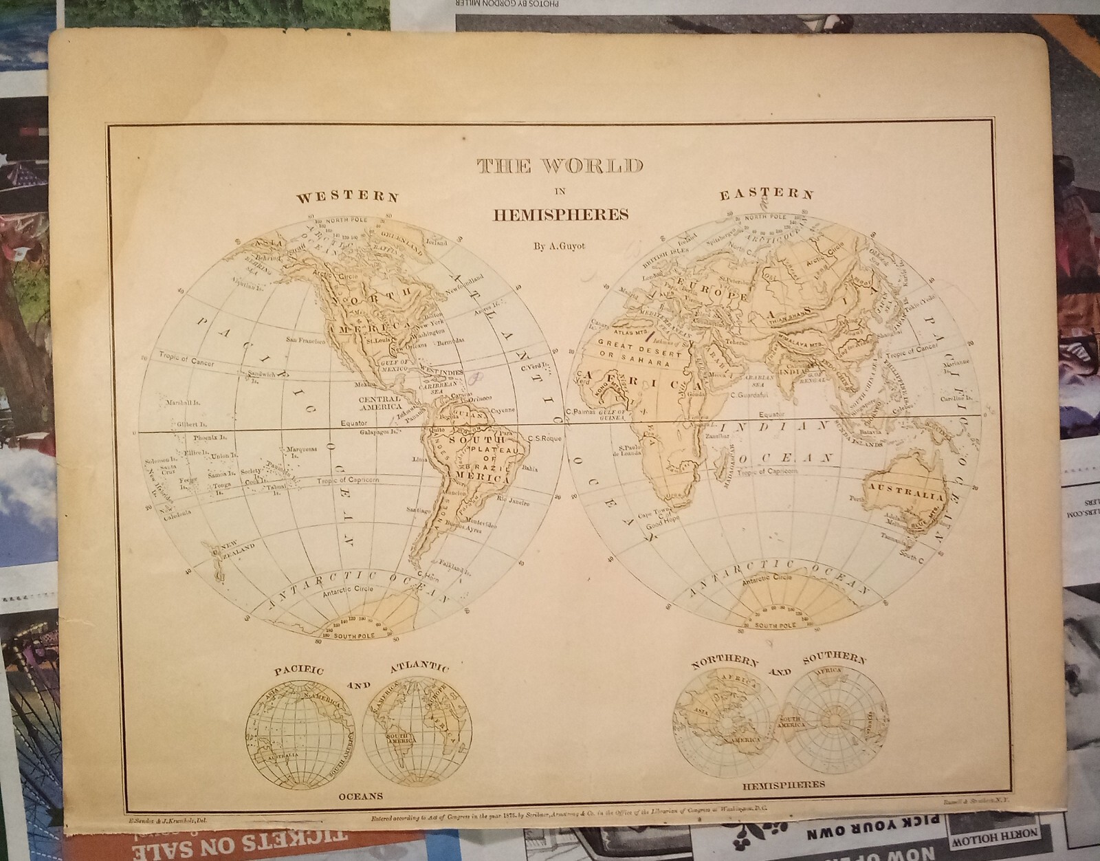 1875 THE WORLD IN HEMISPHERES MAP – Sandoz – Krumholz – Guyot – 9.25X11.75″