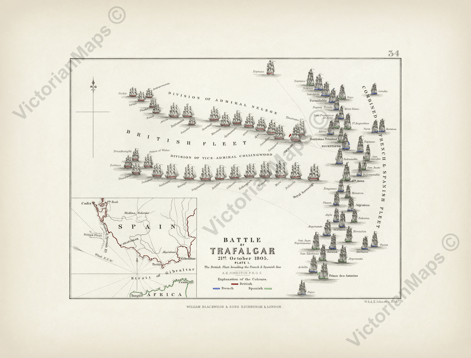 Battle of Trafalgar plan 1 A K Johnston map Alison’s Atlas 1850 art print poster