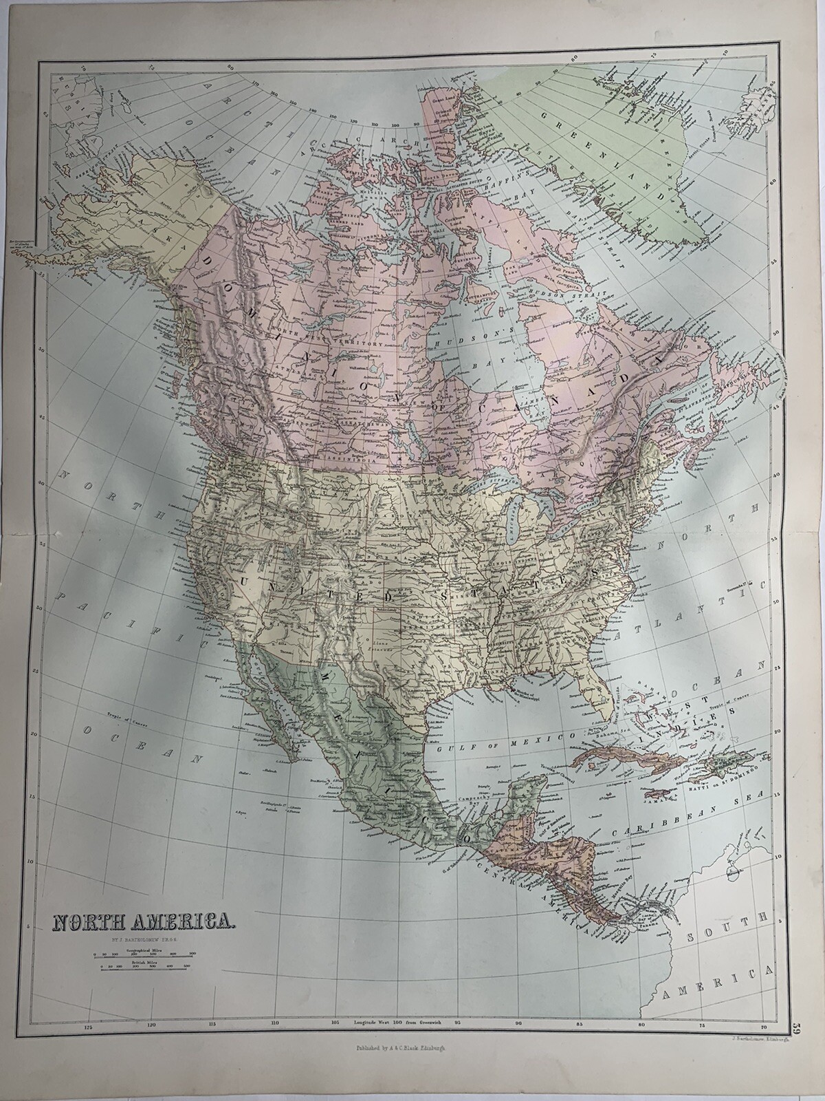 1884 North America Original Antique Map by John Bartholomew 137 Years Old