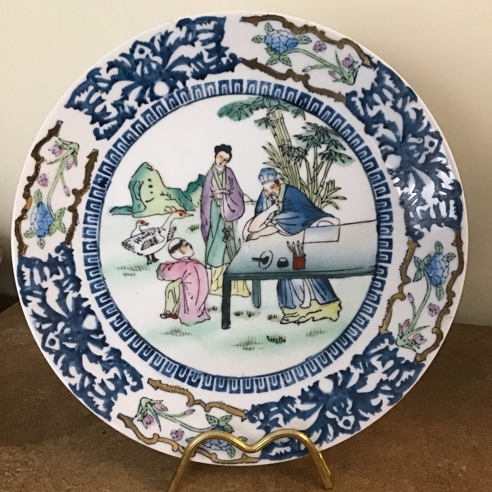 Antique c.1920, Chinese Famile Rose, Decorative Plate With Garden Scene, 25.5cm