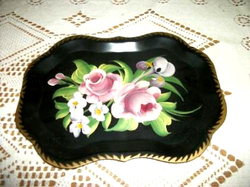 Vintage HP Roses Tole Tip Tray Petite Chippendale Lovely Mid Century 1960s